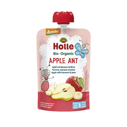 Puré Saqueta Maçã + Banana + Pera, com ingredientes biológicos, sem glúten, sem lactose, vegan e vegetariano