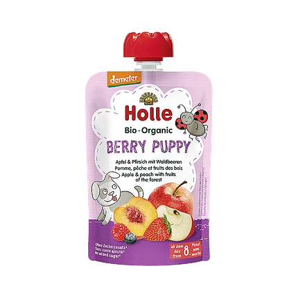 Puré Saqueta Maçã + Pêssego + Frutos Vermelhos, ingredientes biológicos, sem glúten, sem lactose, vegan, vegetariano