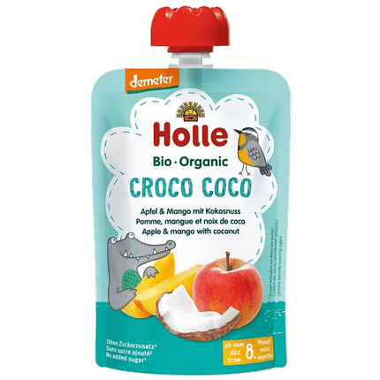 Puré Saqueta Maçã + Manga + Coco, com ingredientes biológicos, sem glúten, sem lactose, vegan e vegetariano