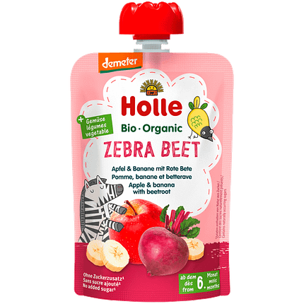 Puré Saqueta Maçã + Banana + Beterraba, com ingredientes biológicos, sem glúten, sem lactose, vegan e vegetariano