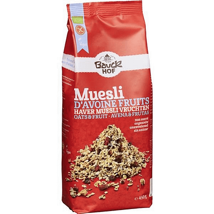 Muesli Aveia e Fruta, com ingredientes biológicos, sem glúten, vegan