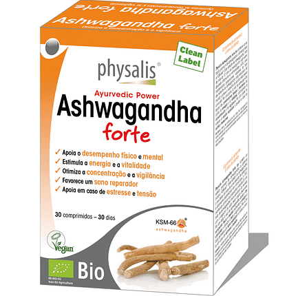 Aswagandha Forte, suplemento alimentar com ingredientes biológicos, vegan