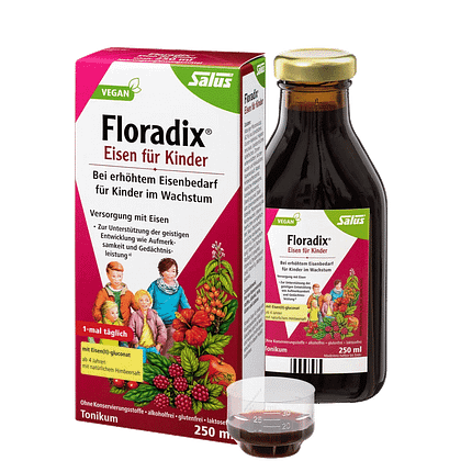 Floradix Kids, suplemento alimentar sem álcool, sem glúten, sem lactose, vegan