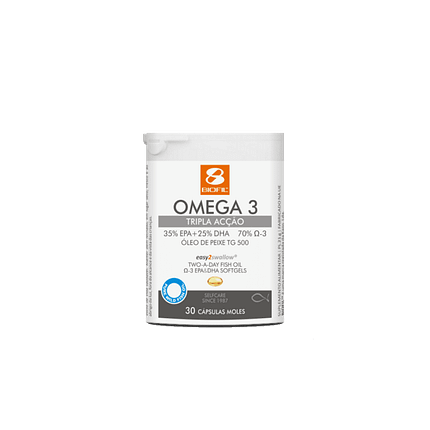 Omega-3 Tripla Ação, suplemento alimentar sem açúcar, sem glúten, sem lactose, sem sal