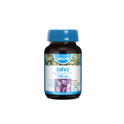 Salva 2500 mg, suplemento alimentar sem açúcar, sem glúten, sem lactose, sem soja