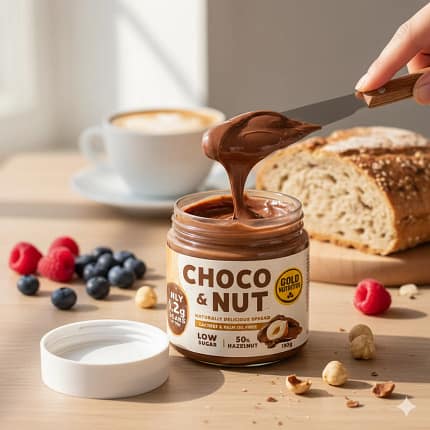Choco & Nut Spread Gold Nutrition Alimentação Chocolate Avelã Baixo em Açúcar Pasta