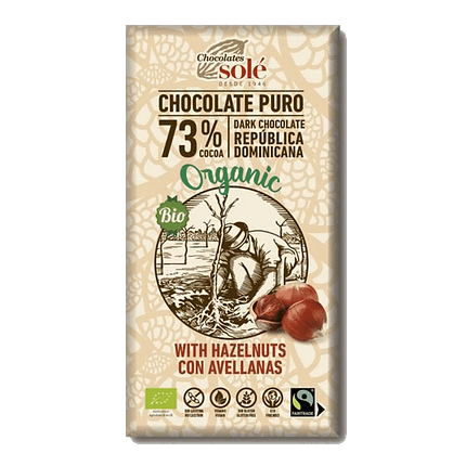 Chocolate Negro com Avelãs, ingredientes biológicos, sem glúten, vegan