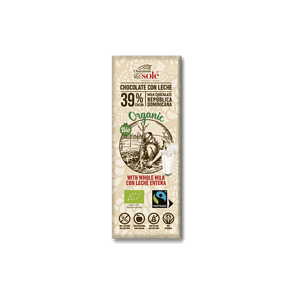 Chocolate de Leite 39% Cacau, ingredientes biológicos, sem glúten, vegan