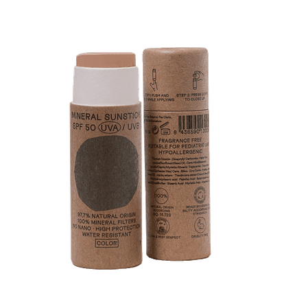 Protetor Solar SPF50 em Stick com Cor, com ingredientes biológicos