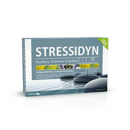 Stressidyn, suplemento alimentar sem açúcar, sem álcool, sem glúten, sem lactose