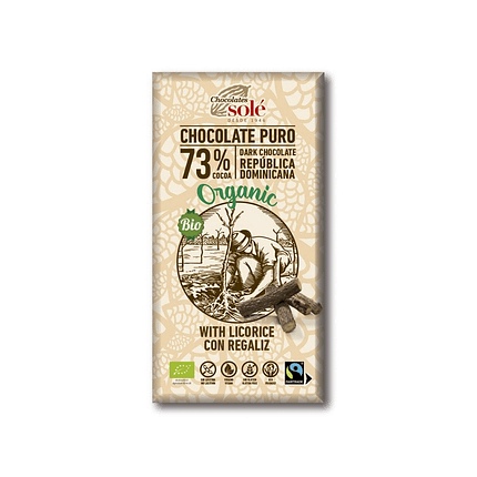 Chocolate Negro 73% com Alcaçuz, com ingredientes biológicos, sem glúten, alimentação vegan