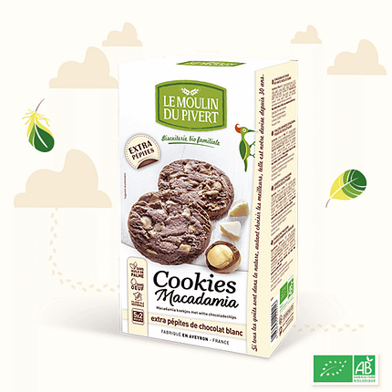 Cookies Chocolate Branco e Macadâmia, com ingredientes de agricultura biológica