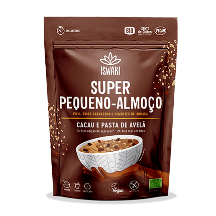 Super Pequeno Almoço Cacau e Pasta de Avelã, com ingredientes biológicos, sem glúten e adequado a vegans