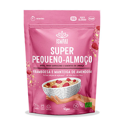 Super Pequeno Almoço Framboesa e Manteiga de Amendoim, com ingredientes biológicos, sem glúten, adequado a vegan