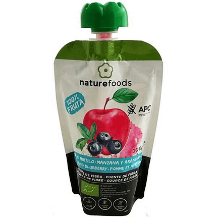Polpa de Maçã e Mirtilo, de agricultura biológica, sem glúten, sem lactose, adequado a vegans