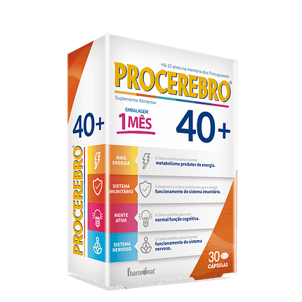 Procerebro 40+, suplemento alimentar para o sistema imunitário, para mais energia e para o sistema nervoso