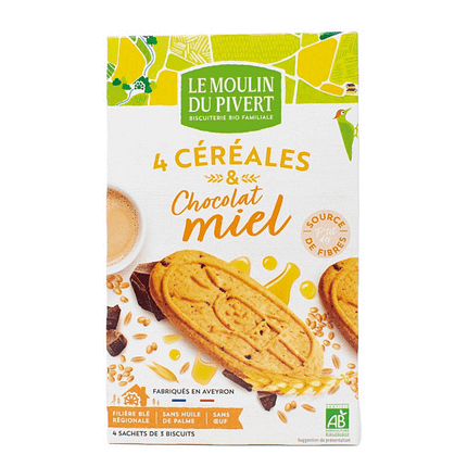 Biscoitos com Cereais, Chocolate e Mel, com ingredientes de origem biológica