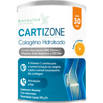 Cartizone Sabor a Laranja, contém Glucosamina, MSM, Vitamina C, Magnésio, Ácido Hilaurónico e Cúrcuma