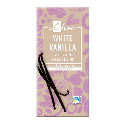 Chocolate Branco com Baunilha Bourbon, com ingredientes biológicos, adequado para vegans