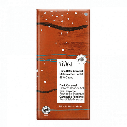 Chocolate Negro 62% com Caramelo e Flor de Sal de Mallorca com ingredientes biológicos, adequado a vegans