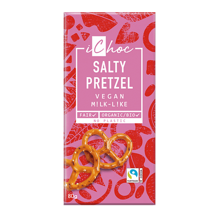 Chocolate com pedaços de Pretzel adequado a vegans, com ingredientes biológicos e sem glúten