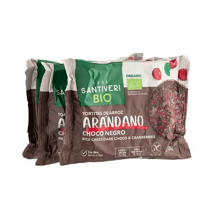 Galletes de Arroz cobertas com Chocolate Preto e Arandos sem glúten e de origem biológica