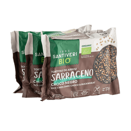 Galletes de Arroz cobertas com Chocolate Preto e Trigo Sarraceno com ingredientes biológicos e sem glúten
