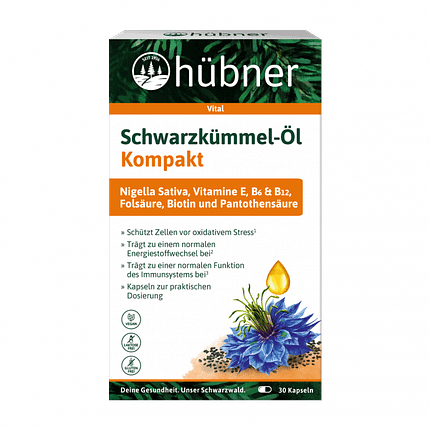 Schwarzkummel-Ol Kompakt, suplemento alimentar sem lactose, sem glúten, vegan