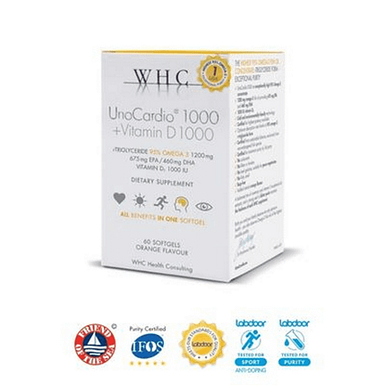 UnoCardio 1000 + Vitamina D, suplemento alimentar sem glúten, sem lactose, sem soja