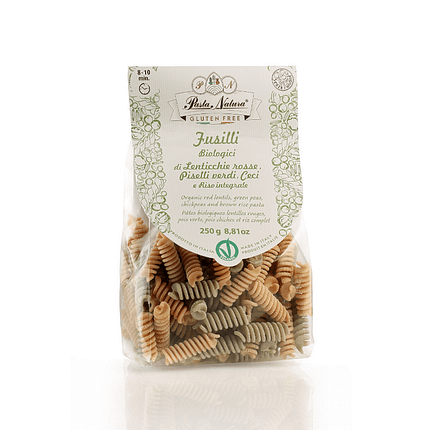 Massa Fusilli Tricolor Legumes, ingredientes biológicos, sem glúten, vegan