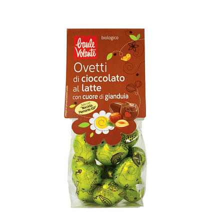 Mini Ovos de Chocolate de Leite com Recheio de Giandula, ingredientes biológicos