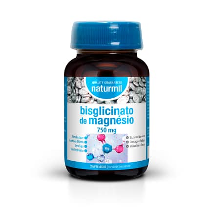 Bisglicinato de Magnésio Naturmil Comprimidos Suplemento Alimentar Sistema Nervoso Músculos Caibrãs