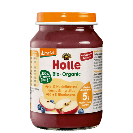 Puré de Maçã e Mirtilo, com ingredientes biológicos, sem glúten, sem lactose, vegan e vegetariano