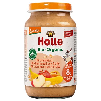 Puré de Muesli e Frutas, com ingredientes biológicos, sem glúten, sem lactose, vegan e vegetariano