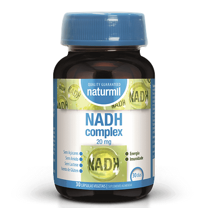 NADH 20 mg Complex naturmil 30 cápsulas vegetais Sem Açúcares. Sem Amido. Sem Lactose. Isento de Glúten. Energia Imunidade 30 dias