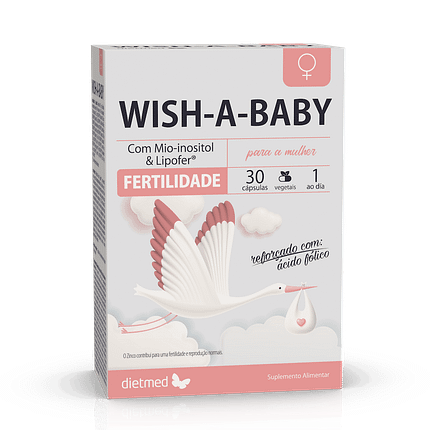 Wish a Baby® For Women 30 cápsulas vegetais 1 ao dia Com Mio-inositol, Rodiola e Lipofer® O Zinco contribui para uma fertilidade e reprodução normais. Dietmed