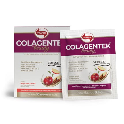 Colagentek Beauty Maçã Com Canela Vitafor Saquetas Colágeno Cabelo Unhas Pele