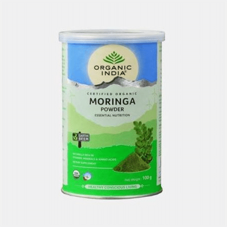 moringa lata organic india Moringa em Pó, sem açúcar, sem glúten, sem soja, vegan, vegetariano