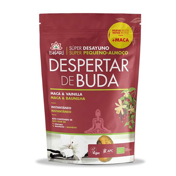 despertar de buda maca baunilha 360g bio frente iswari Despertar de Buda Maca e Baunilha, sem açúcar, vegan