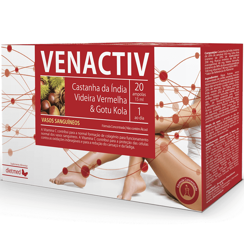 Venactiv Ampolas, suplemento alimentar sem álcool, sem glúten, sem lactose
