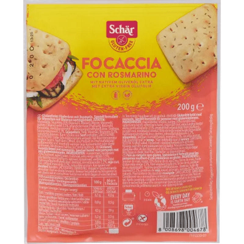 Pão Focaccia C Alecrim 200gr Schar SG Pão Focaccia com Alecrim, sem glúten