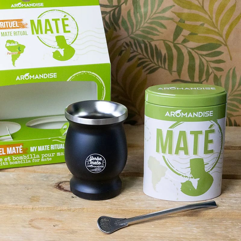 Conjunto O Meu Ritual Mate Taca de mate inox bombilla inox e caixa inox com mate verde selvagem 100g Aromandise capa